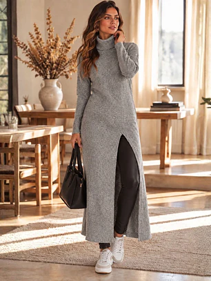 Sweater Largo Gris Mujer Abertura Frontal