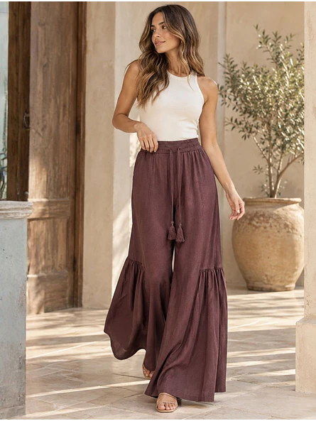 Pantalón Palazzo Boho Lino Mujer Fruncido 1