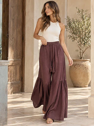 Pantalón Palazzo Boho Lino Mujer Fruncido
