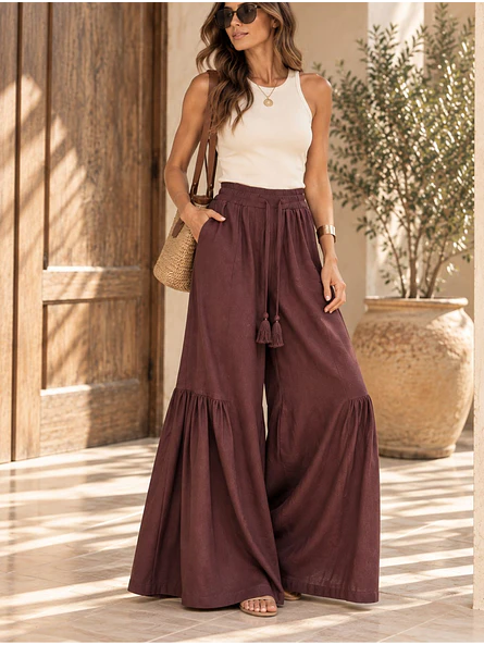 Pantalón Palazzo Boho Lino Mujer Fruncido 4