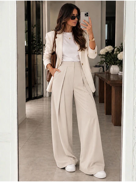 Pantalón con Tablas Mujer Tiro Alto Beige 1
