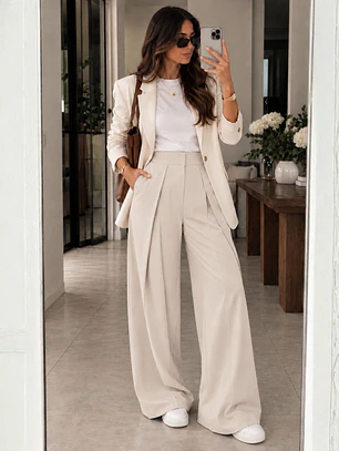 Pantalón con Tablas Mujer Tiro Alto Beige