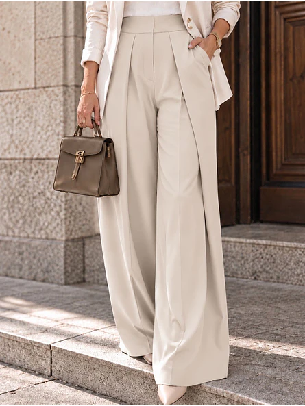 Pantalón con Tablas Mujer Tiro Alto Beige 7