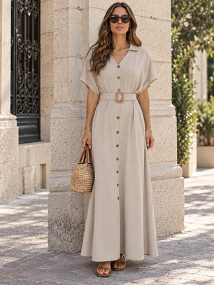 Vestido Largo Mujer Beige con Hebilla Natural