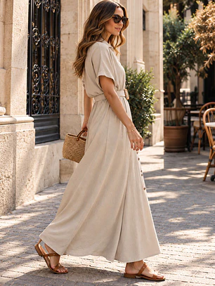Vestido Largo Mujer Beige con Hebilla Natural