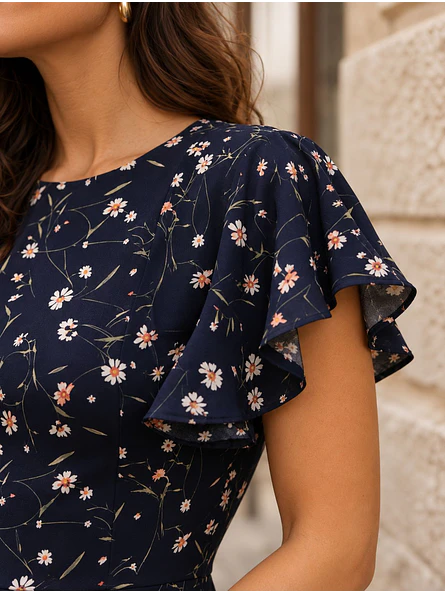 Vestido Flores Azul Oscuro con Volantes Mujer 7