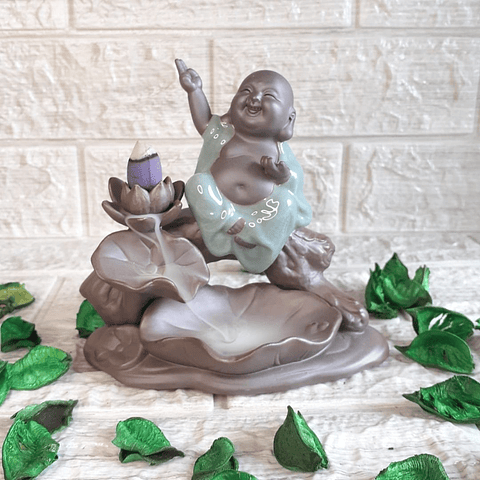 Cascada de Humo Buda Hotei Feliz + 10 Conos Premium de Regalo