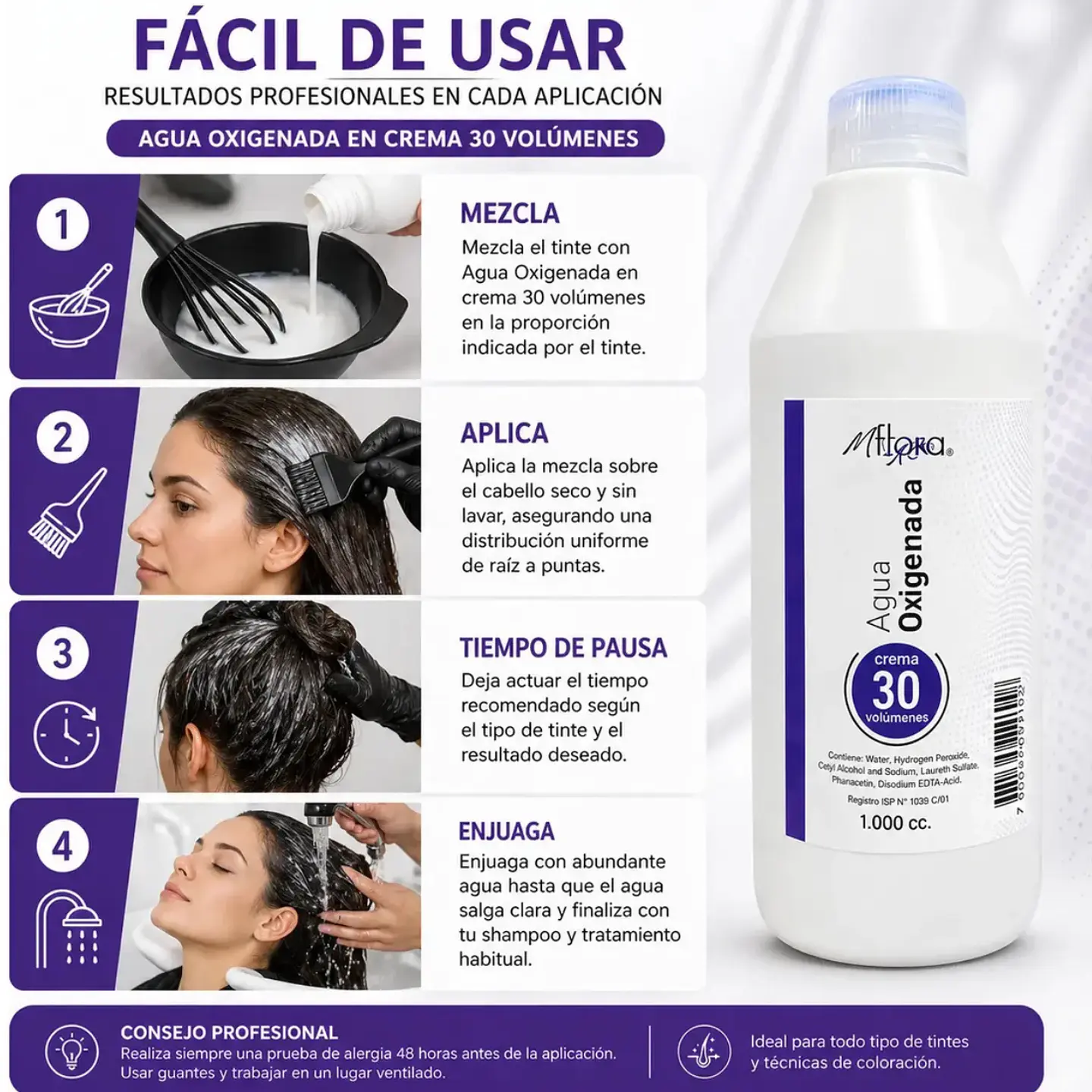 Agua Oxigenada 30 Vol Crema Cabello Mflora 1000ml Oxidante 2