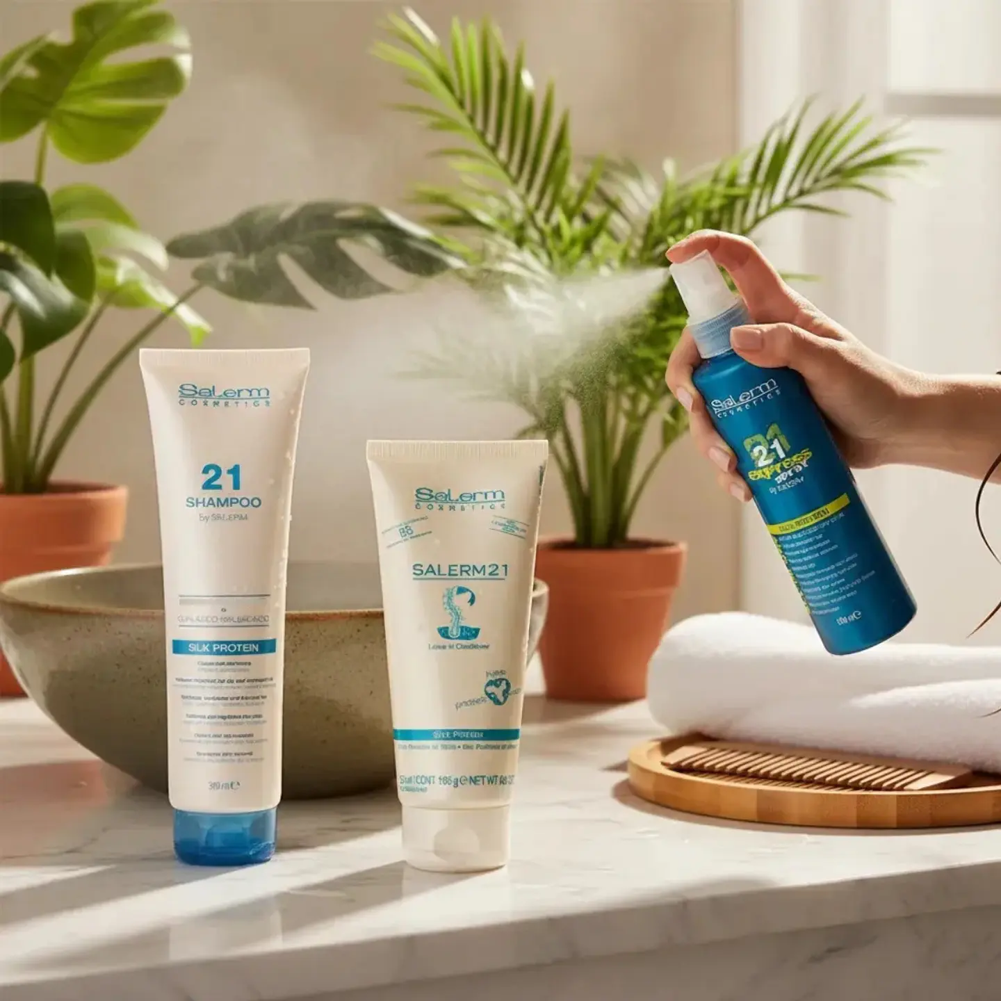 Kit Capilar Salerm 21 Shampoo Acondicionador Sprayprotector 4