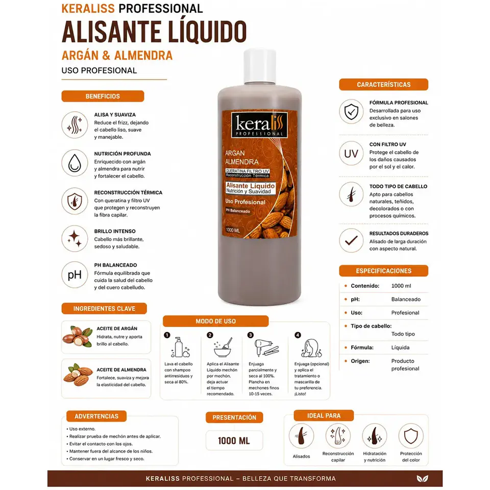 Liquida Keratina Alisado Almendra+argan 1000ml Keraliss®  2