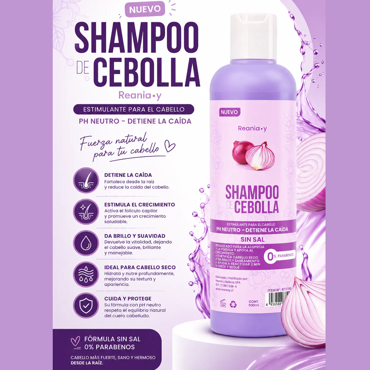 Shampoo Cebolla Anticaida Crecimiento Capilar Reania.y 500ml 2