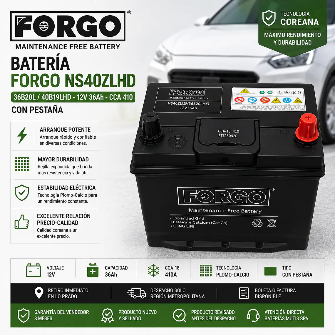 Batería 12v 36ah 410cca 40b19lhd Pestaña Positivo Derecho 1