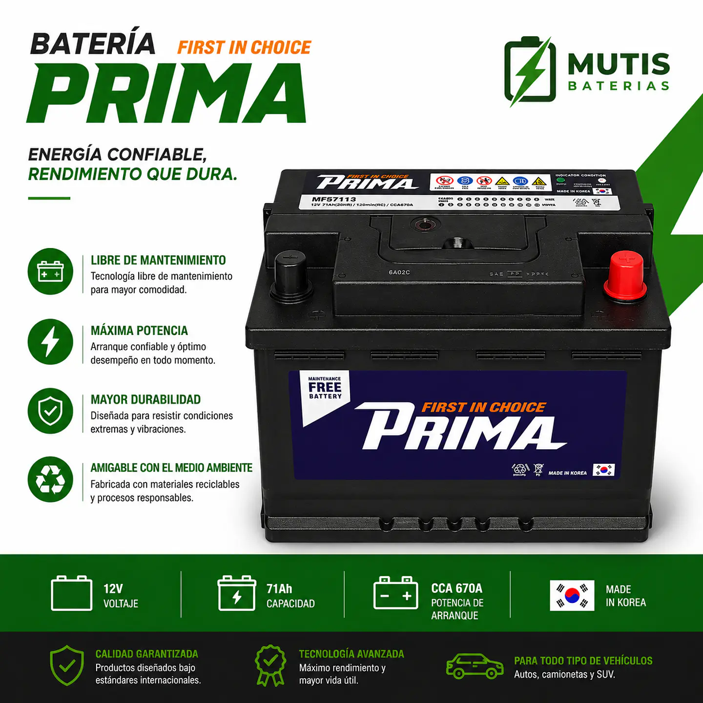 Bateria 12 Volt 71 Ah 670cca 57113 Positivo Derecho Corea 1