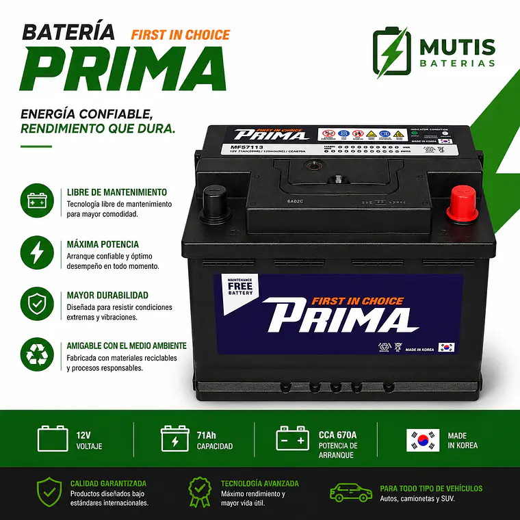 Bateria 12 Volt 71 Ah 670cca 57113 Positivo Derecho Corea 1