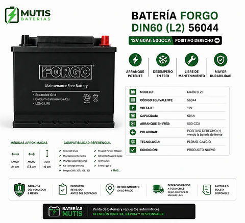Batería Auto 12v 60ah 500cca 56044 Positivo Derecho Forgo