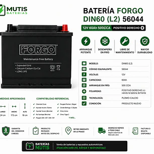 Batería Auto 12v 60ah 500cca 56044 Positivo Derecho Forgo