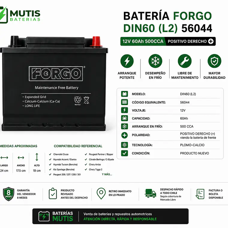 Batería Auto 12v 60ah 500cca 56044 Positivo Derecho Forgo 1