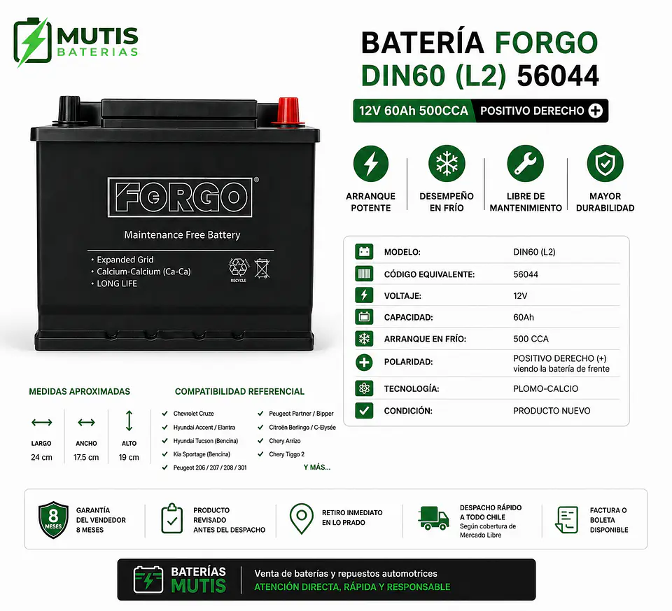 Batería Auto 12v 60ah 500cca 56044 Positivo Derecho Forgo 1