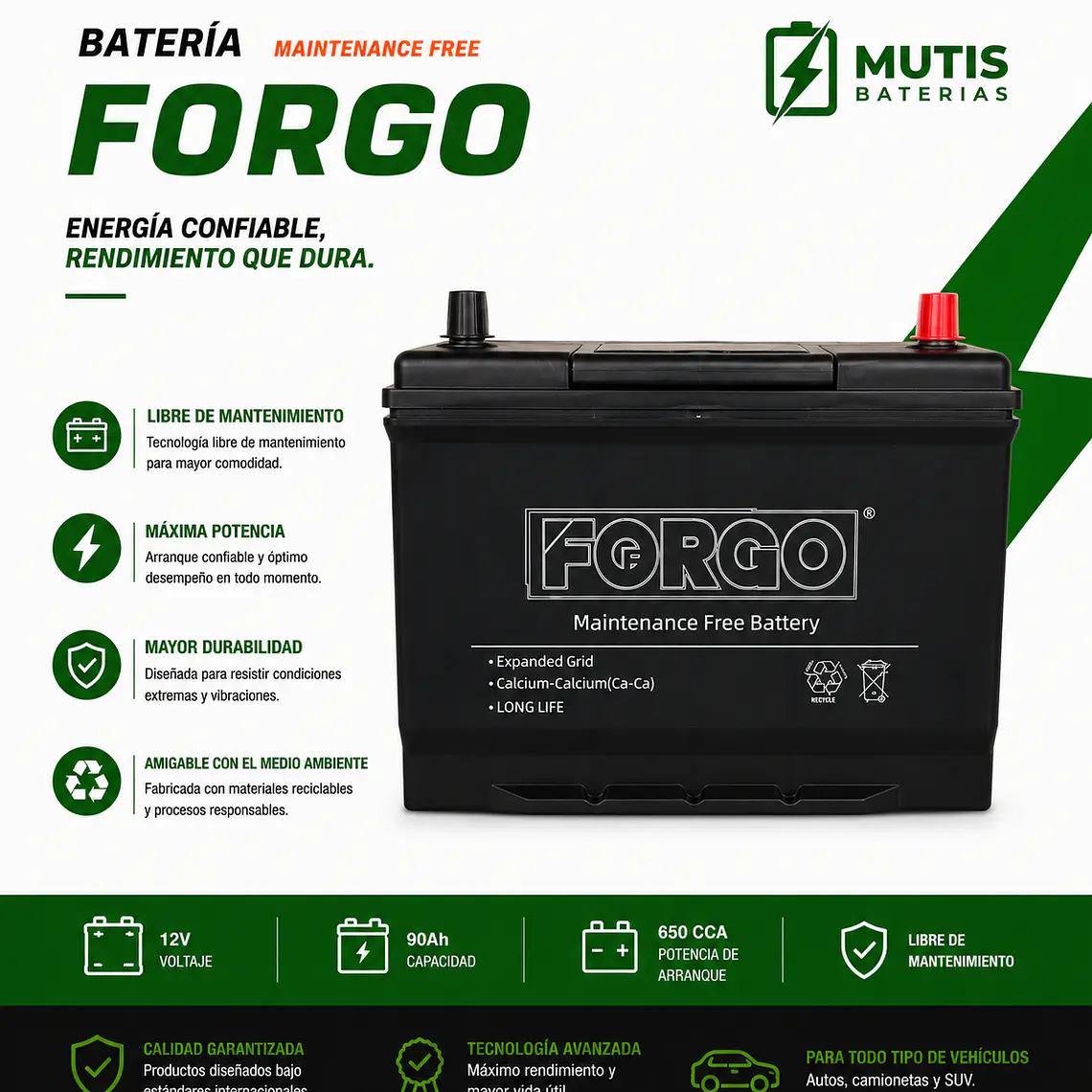 Batería 12v 90ah 650cca 105d31l Positivo Derecho 1