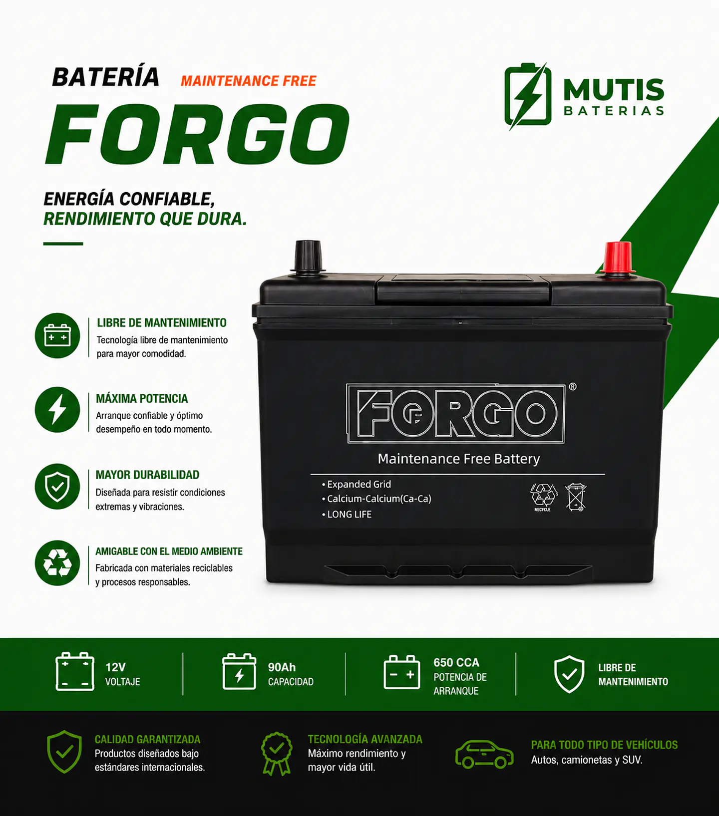 Batería 12v 90ah 650cca 105d31l Positivo Derecho 1