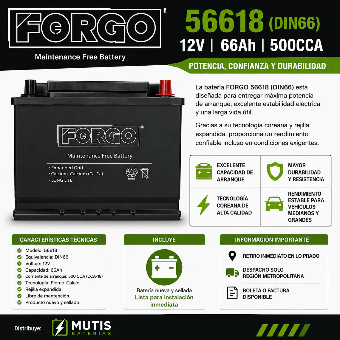Bateria Auto 12v 66ah 500cca Positivo Derecho Forgo 1