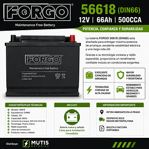 Bateria Auto 12v 66ah 500cca Positivo Derecho Forgo