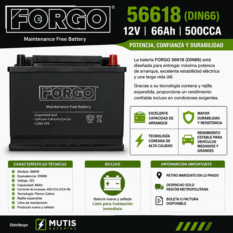 Bateria Auto 12v 66ah 500cca Positivo Derecho Forgo 1