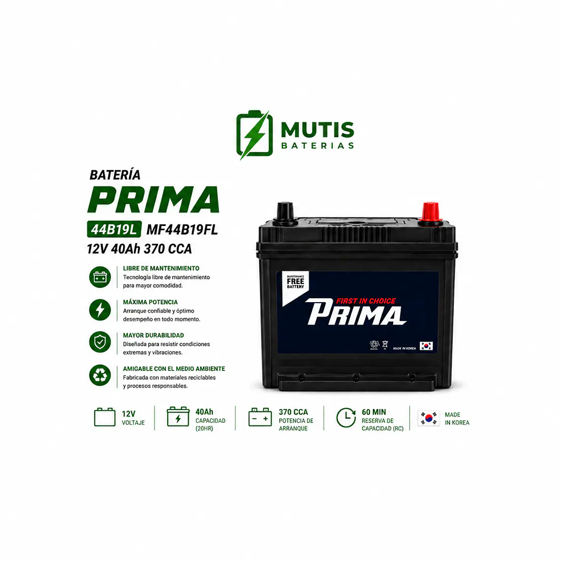 Bateria 12 Volt 40ah 370cca 40b19l Positivo Derecho Corea 1