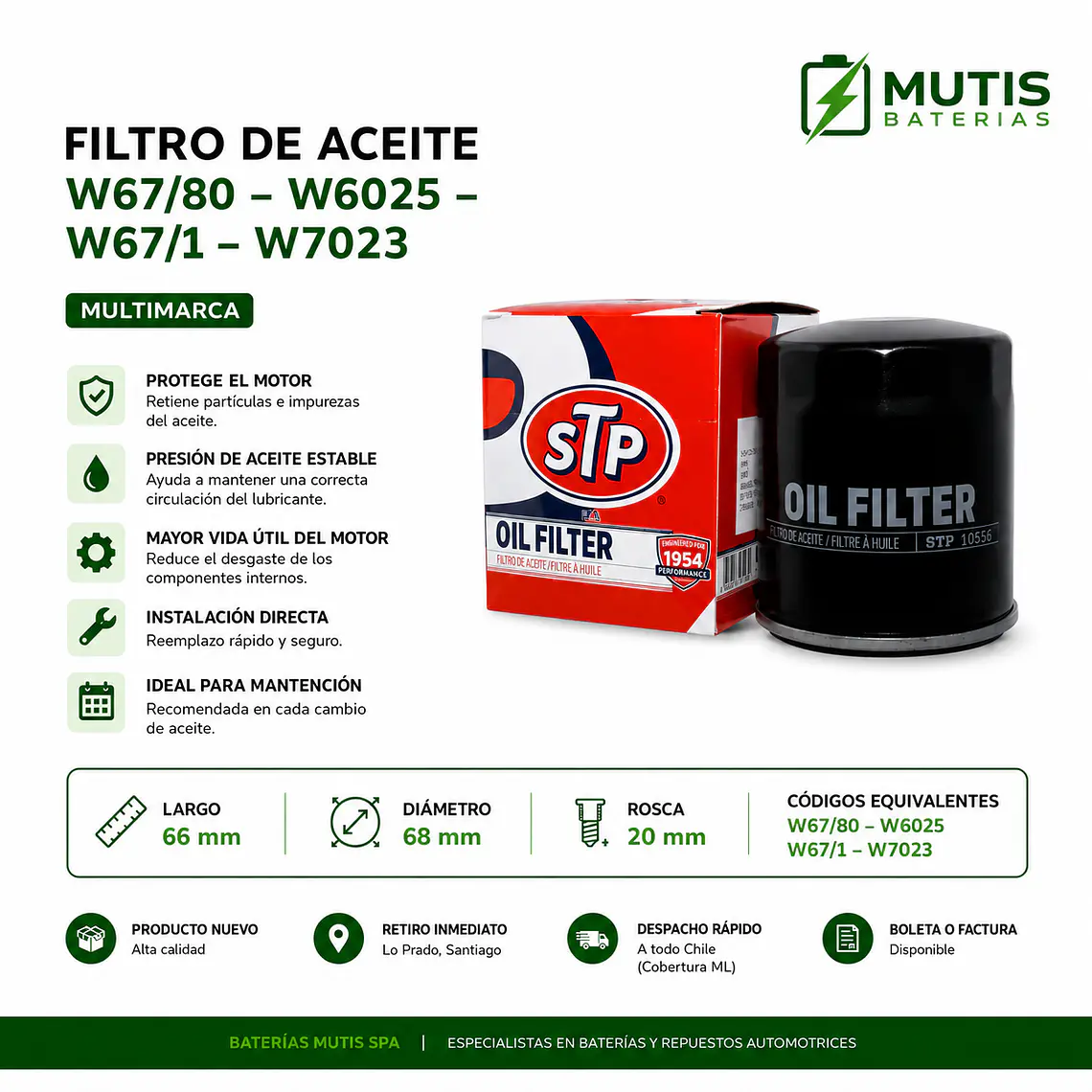 Filtro Aceite W67/80 W6025 W67/1 W7023 Hyund/kia/mazda/nissan 1