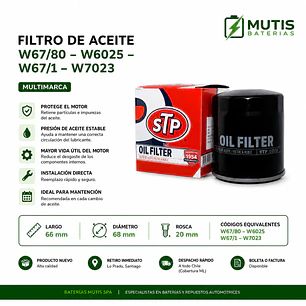 Filtro Aceite W67/80 W6025 W67/1 W7023 Hyund/kia/mazda/nissan