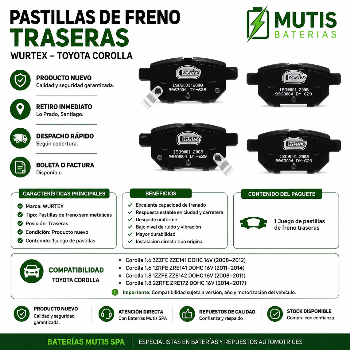 Pastillas De Freno Traseras Toyota Corolla 2008-2017 1.6/1.8 1