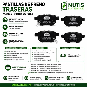Pastillas De Freno Traseras Toyota Corolla 2008-2017 1.6/1.8