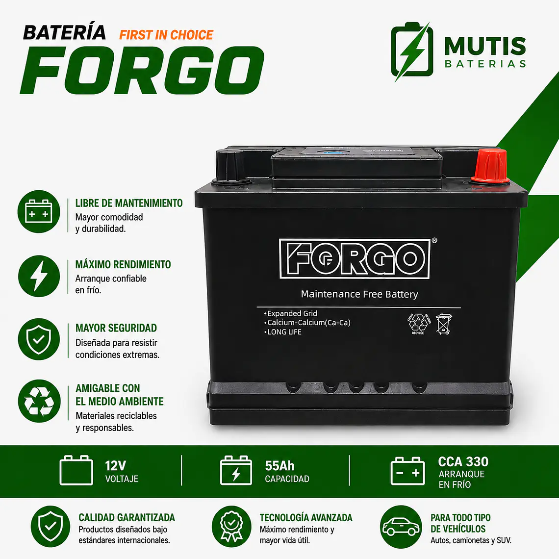 Bateria 12v 55ah 330cca 55520 Positivo Derecho Forgo 1