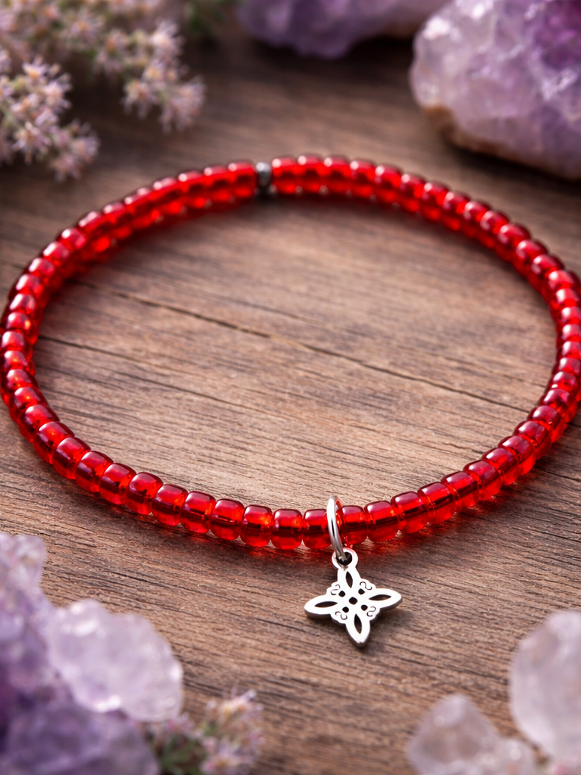 Pulsera protección roja nudo de bruja mostacilla  1