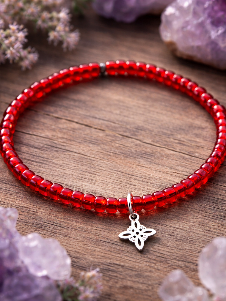 Pulsera protección roja nudo de bruja mostacilla  1