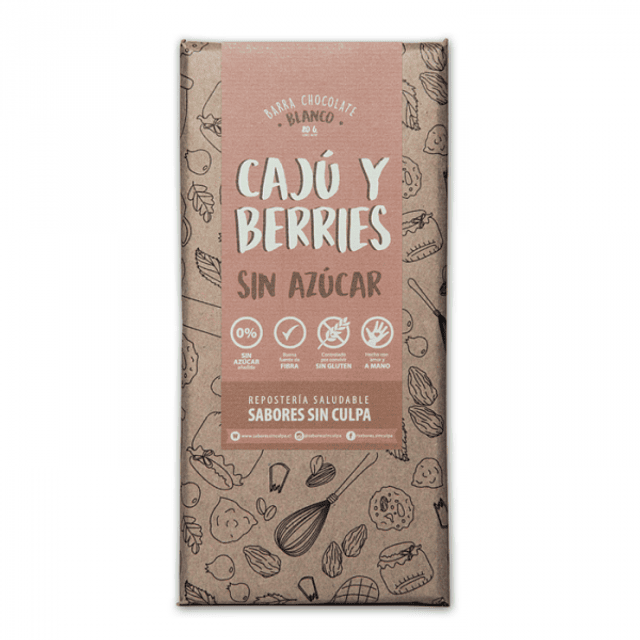 CHOCOLATE BLANCO BARRA CAJÚ BERRIES SIN AZÚCAR SIN GLUTEN 80GR 