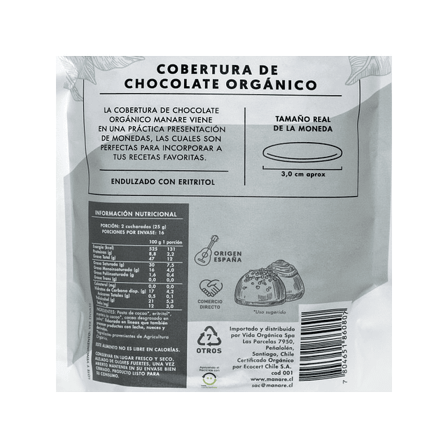 Cobertura de chocolate sin azúcar sin gluten 79% cacao orgánico 400 g