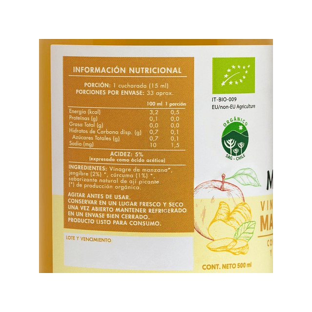 Vinagre de Manzana con Cúrcuma y Jengibre Orgánico 500 ml