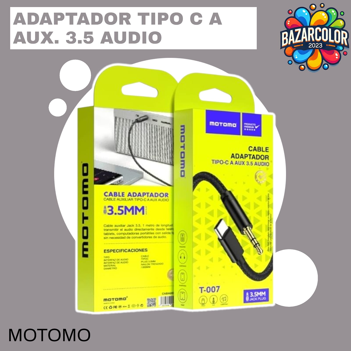 Cable Adaptador  MOTOMO Tipo C a AUX 3.5mm 1 METRO 1