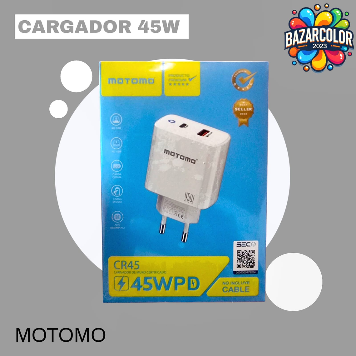 Cargador de pared certificado Motomo CR45 de 45W PD 1