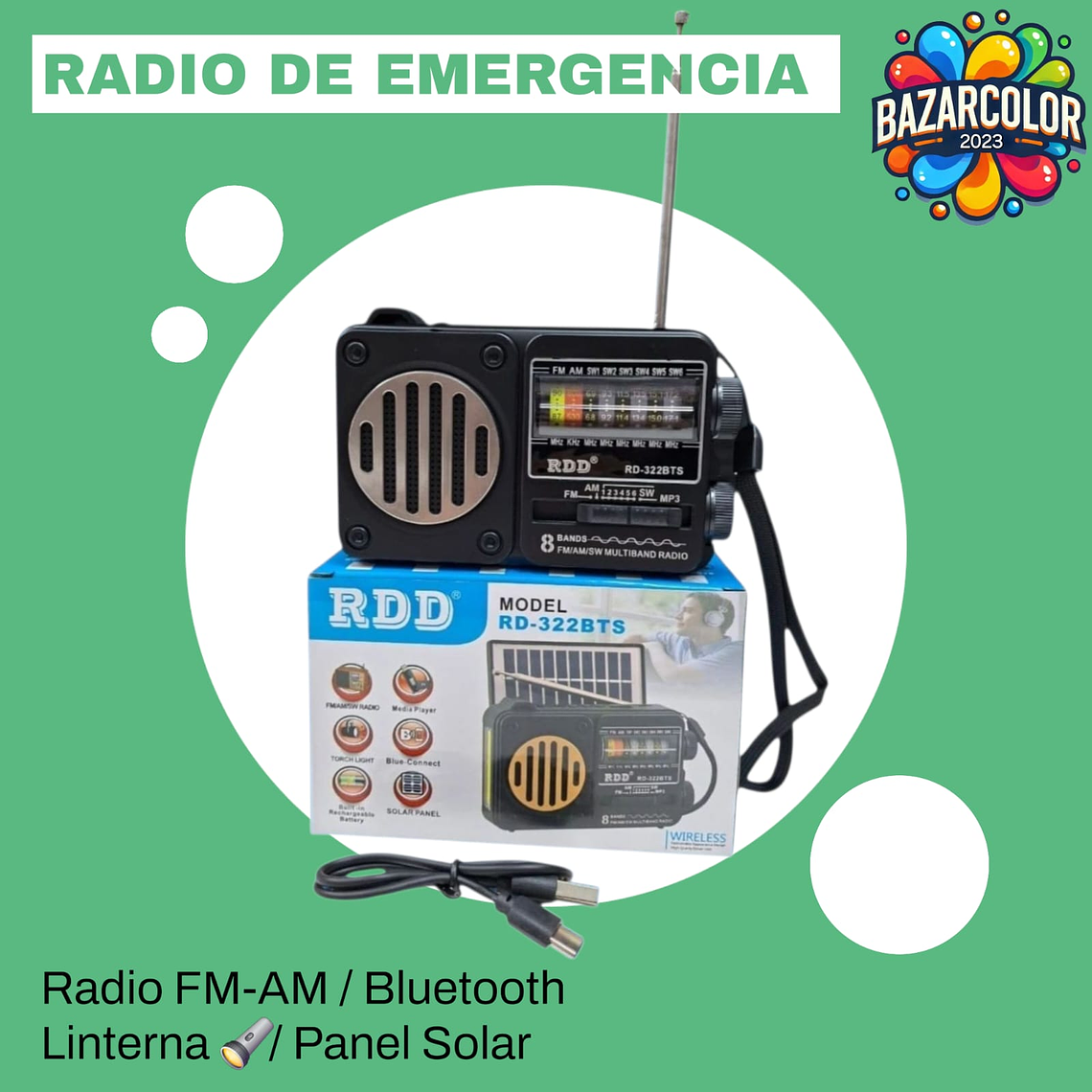 RADIO EMERGENCIA AM FM CON PANEL SOLAR Y CARGA TIPO C 1