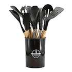 Set De 12 Utensilios De Cocina De Silicona Mango De Madera NEGRO 1