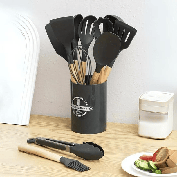 Set De 12 Utensilios De Cocina De Silicona Mango De Madera NEGRO 2