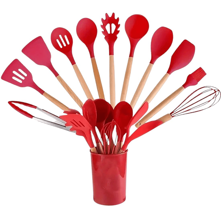 Set De 12 Utensilios De Cocina De Silicona Mango De Madera ROJO 3