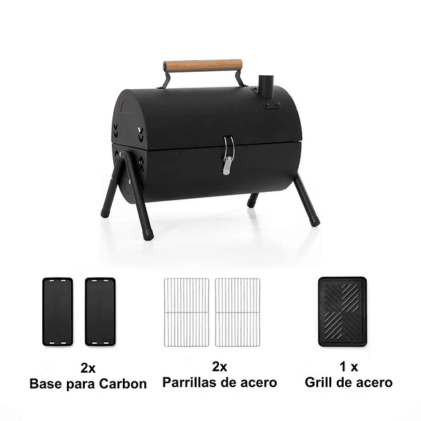 Parrilla De Carbón Portátil Bbq 2 En 1 Ahumador Negra Para Camping Terraza 6