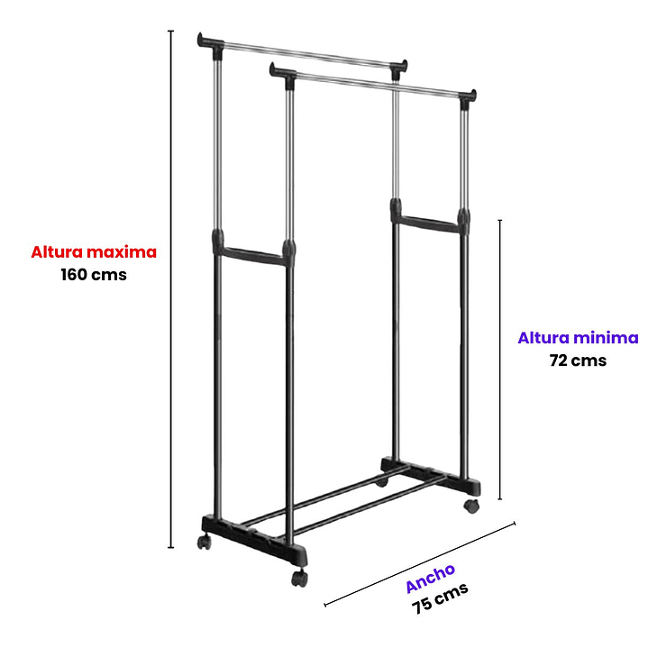 Perchero Doble Acero Inoxidable Ajustable con soporte para Zapatos y Ruedas 6