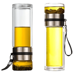 Botella con Infusor de Vidrio Doble Pared y Acero Para Te Infusiones