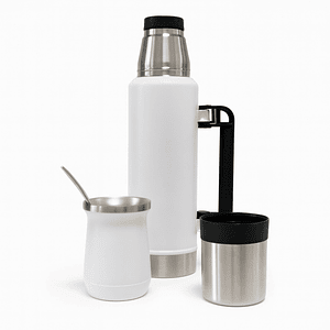 Termo De Acero Inoxidable 1.3 Litros + Mate 236ml Con Bombilla Color Blanco
