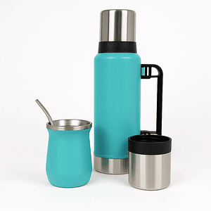 Termo De Acero Inoxidable 1.3 Litros + Mate 236ml Con Bombilla Color Turquesa