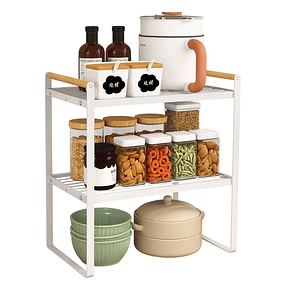 Repisa organizadora 2 niveles de acero y madera blanco 34 cm – estante multiuso estilo nórdico